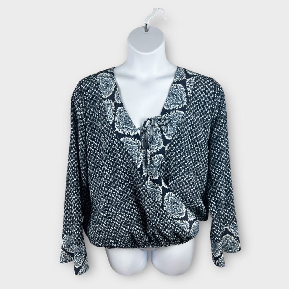 Knox‎ Rose Blue Floral Flare Sleeve Tie Wrap Blouse XL Boho Mixed Prints